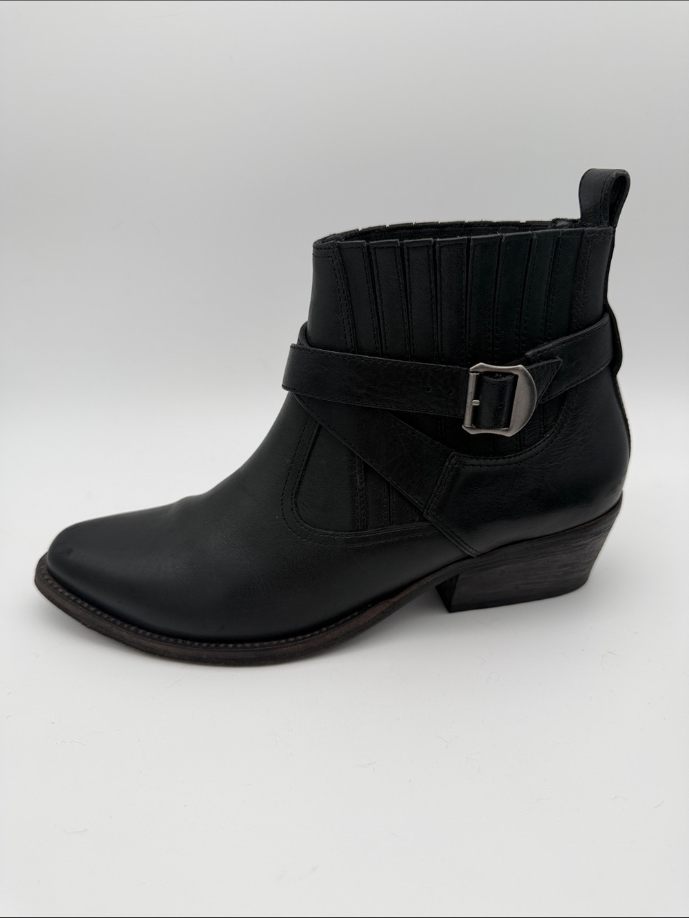 All Saints Western Style Ankle Booties Black Leather Boots Belt Sz 8 Pointed Toe - Picture 5 of 16